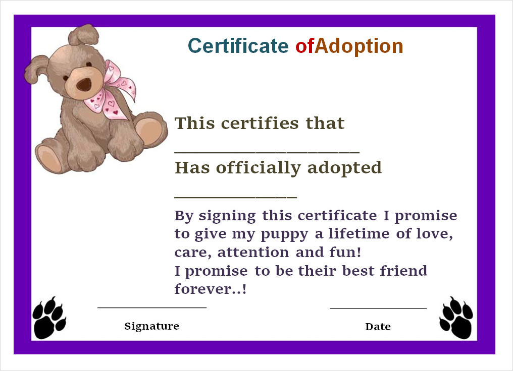 Pet Adoption Certificate Printable Free