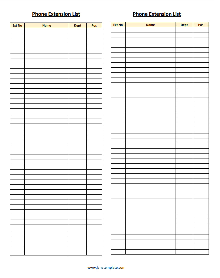 Professional phone extension list template with clear fields for listing staff names, job titles, and direct extensions.
