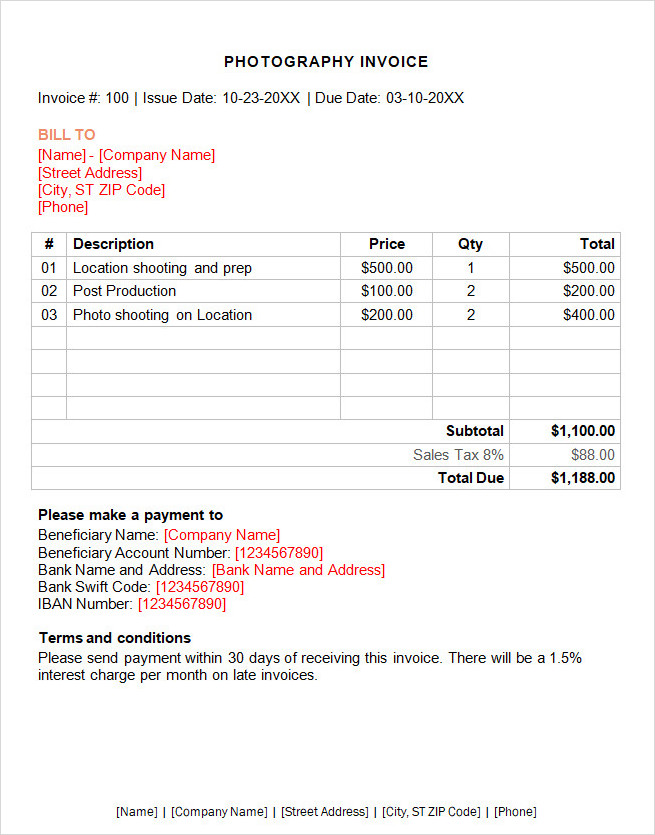 Photographer Invoice Template Word