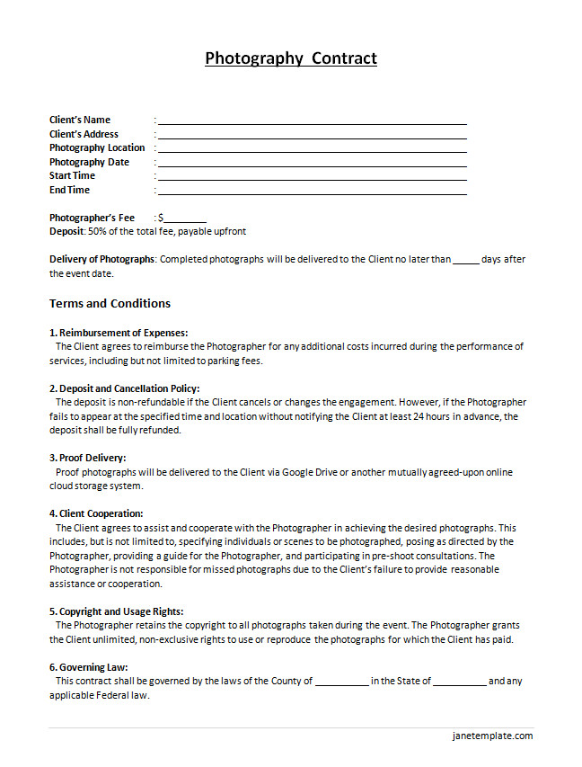 Photography contract template with sections for client information, services provided, and payment terms.