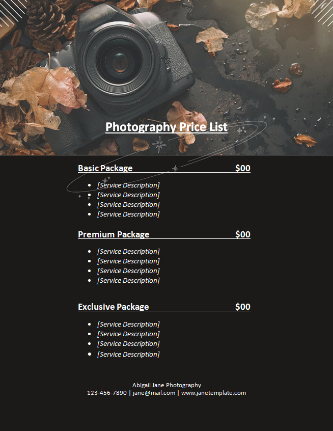 Elegant photography price list template featuring sections for different photography packages.