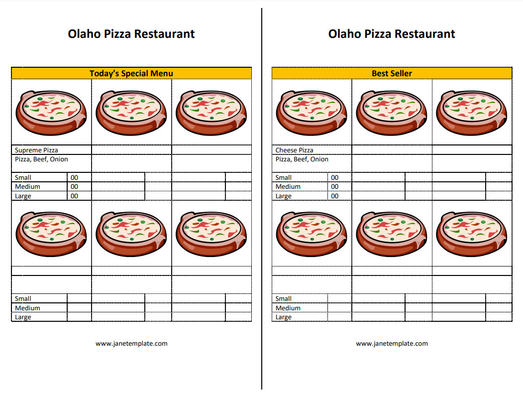 Pizza menu template featuring sections for pizza types, ingredients, sizes, and prices.