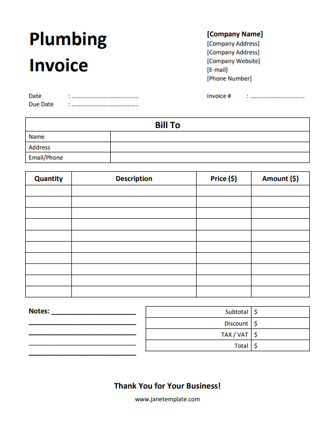 Professional plumbing invoice template featuring itemized charges for plumbing services, parts, and total amount due.