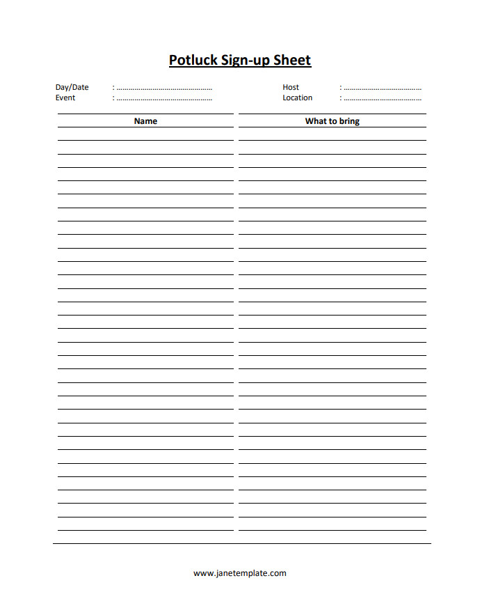 Potluck sign-up sheet template with fields for participant names, dishes they will bring, and contact information.