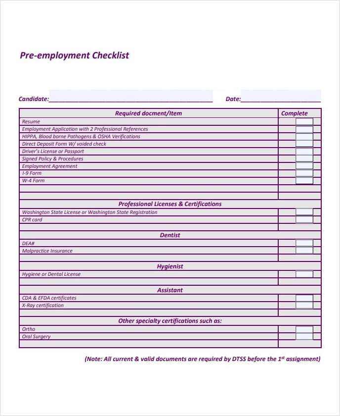 Pre Employment Checklist Template