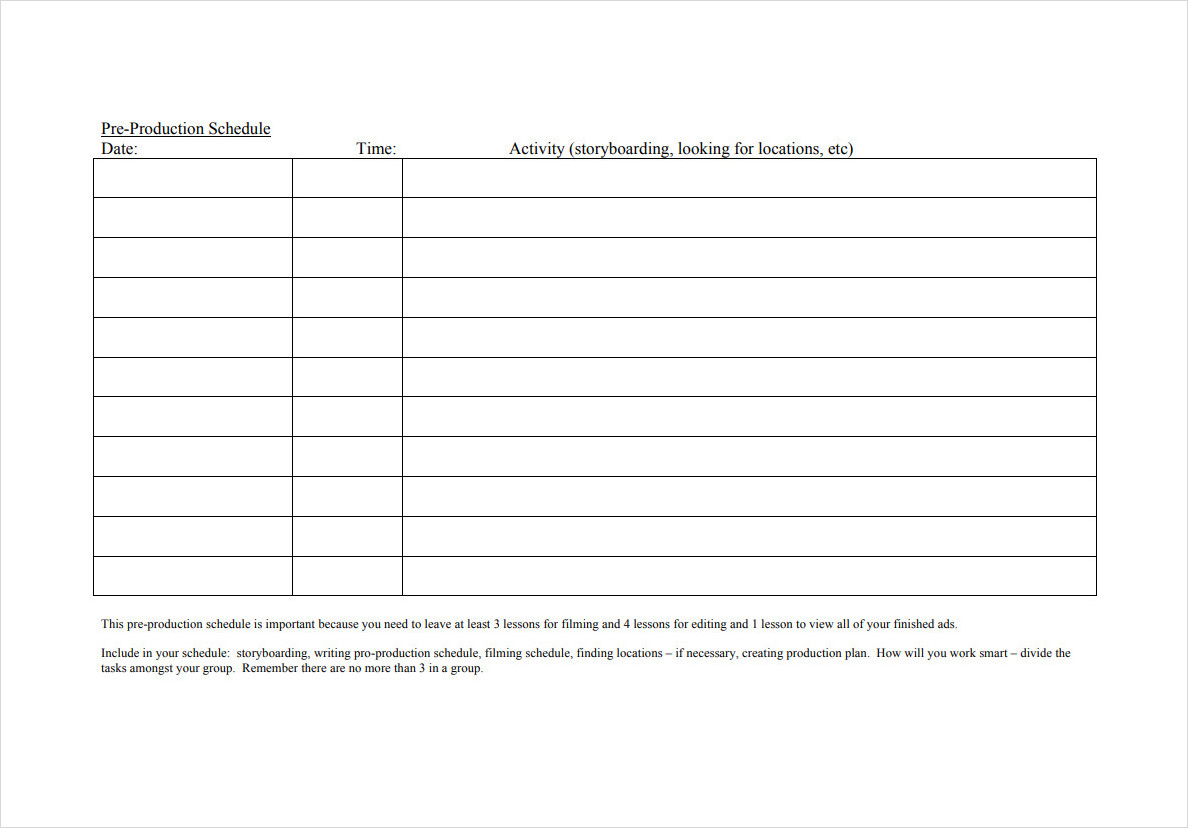 Pre Production Schedule Template