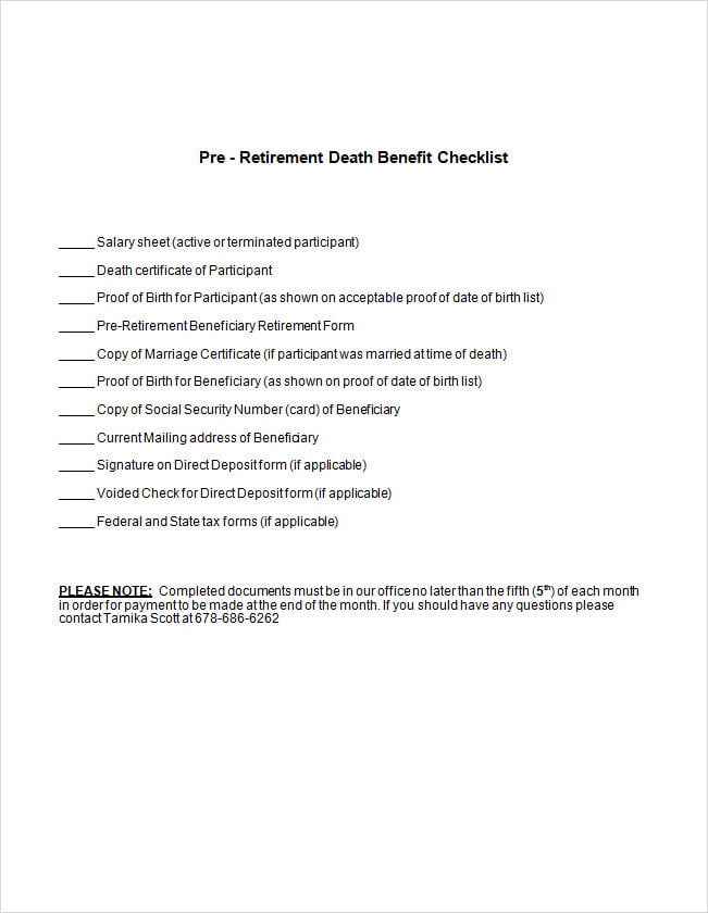 Pre Retirement Death Benefit Checklist Template