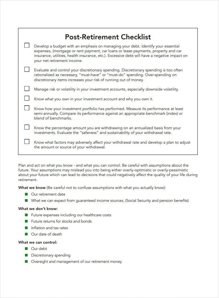 Pre and Post Retirement Planning Checklist Template