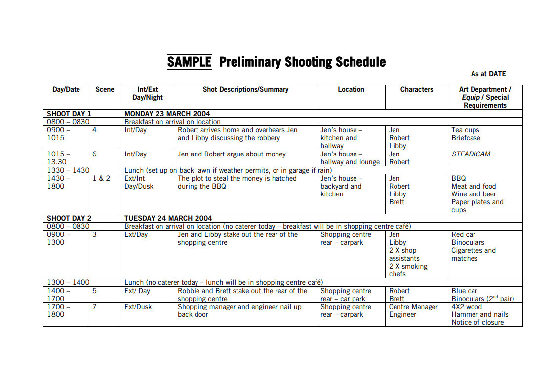 Preliminary Shooting Schedule Template