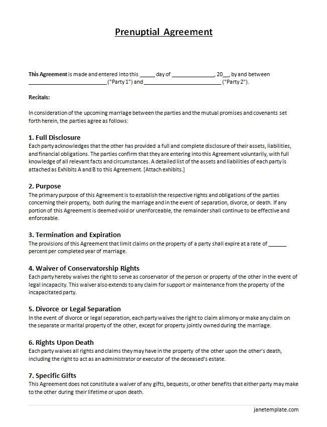 Prenuptial agreement template featuring fields for assets, liabilities, and individual rights.