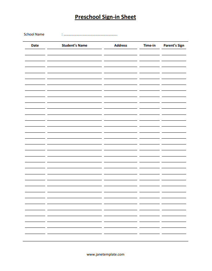 Preschool sign-in sheet template with fields for child names, arrival times, and parent signatures.