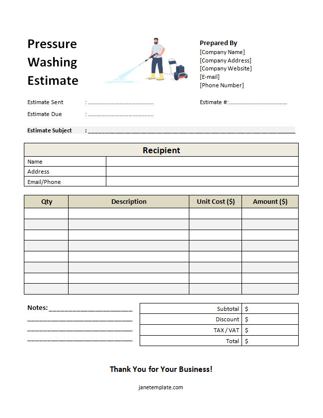 Pressure washing estimate template with sections for service details, square footage, and cost estimates.