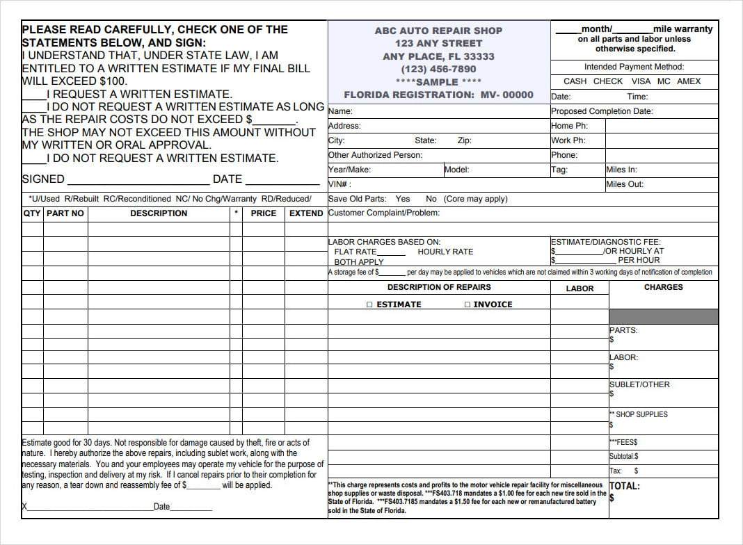 Printable Auto Repair Estimate Template