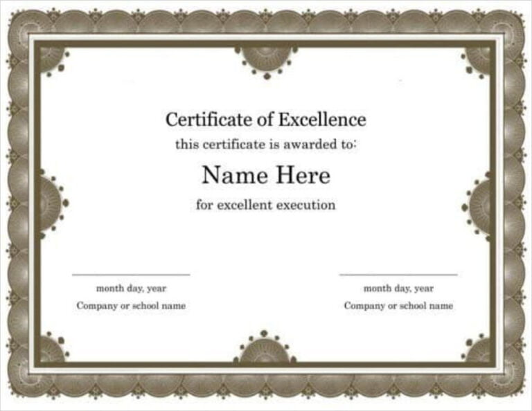 Printable Certificate Of Excellence Template