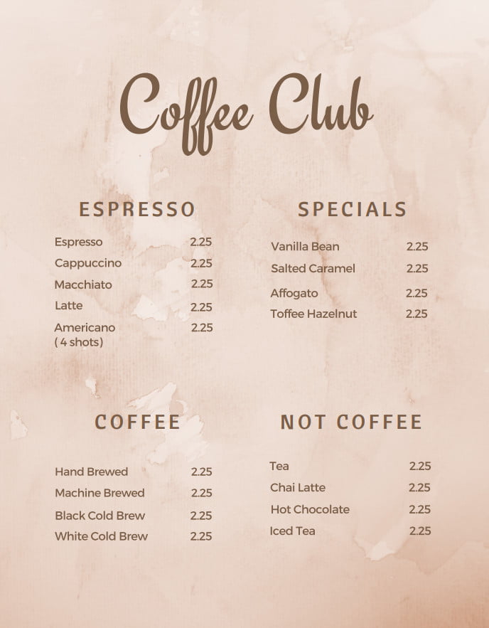 Printable Coffee Drink Menu Template