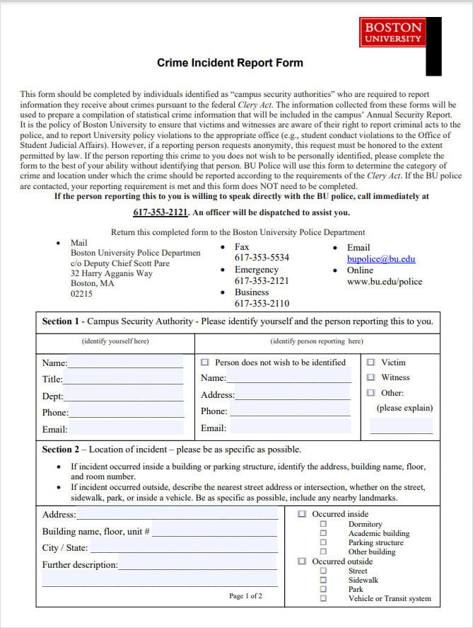 Printable Crime Incident Report Form