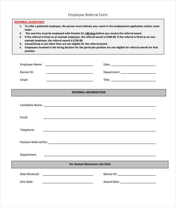 Printable Employee Referral Form Template PDF