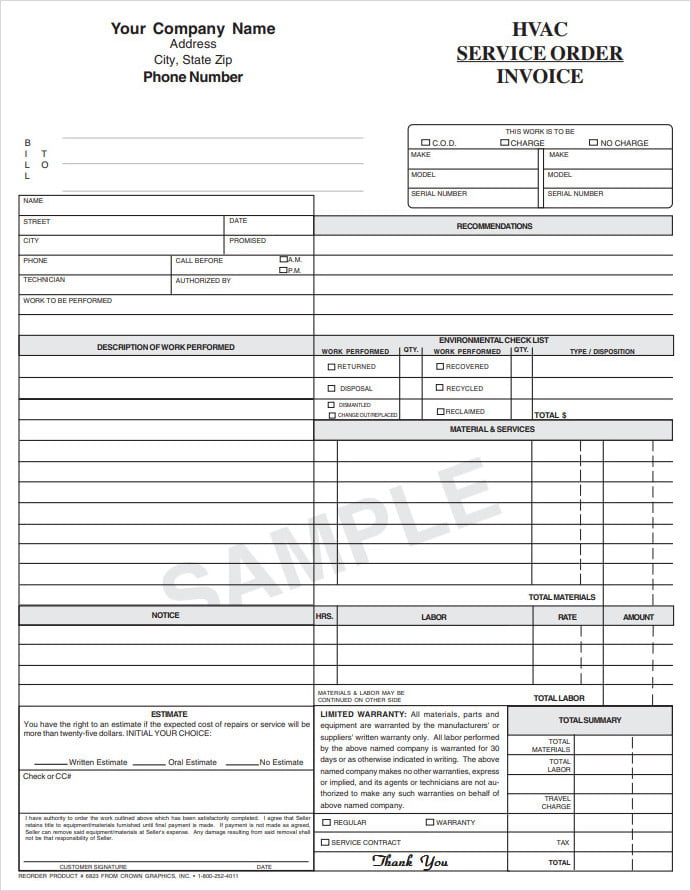 Printable HVAC Service Order Invoice Template