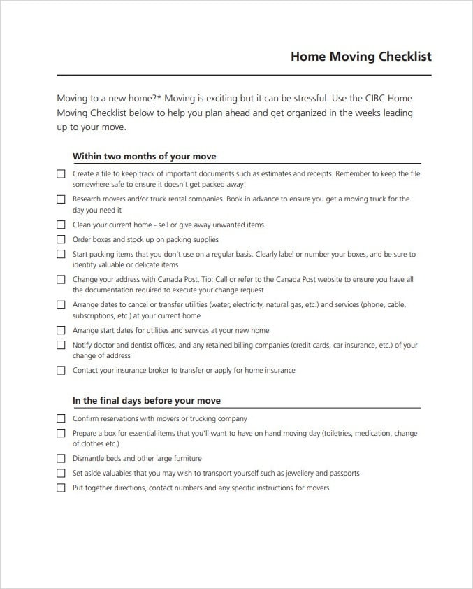 Printable House Moving Checklist Template