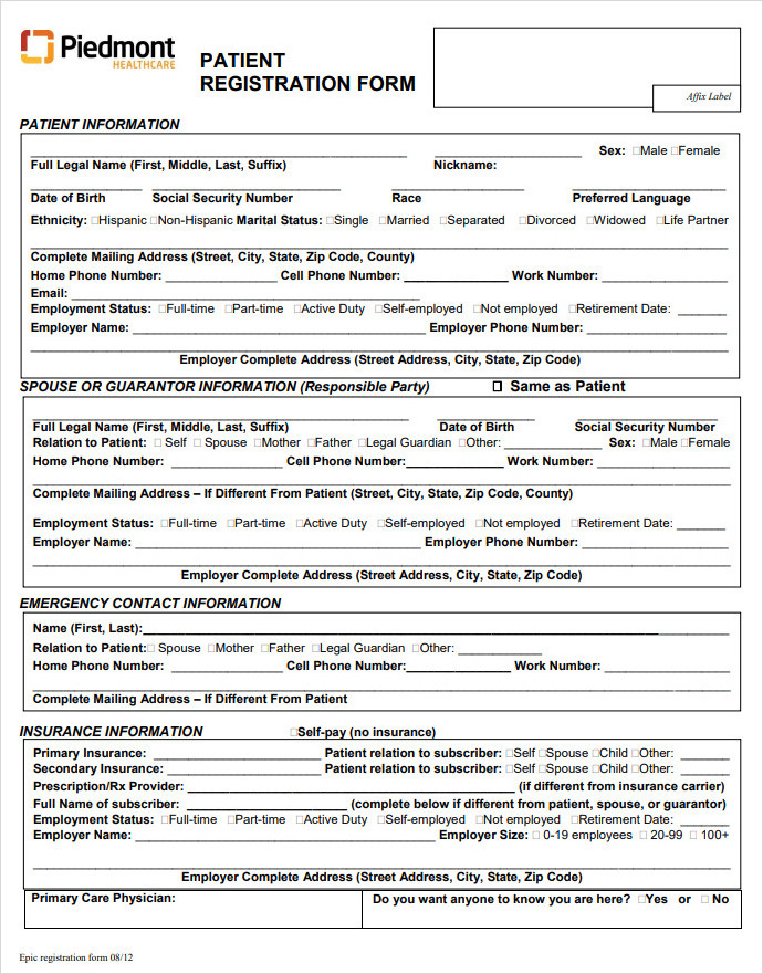 Printable Patient Registration Form