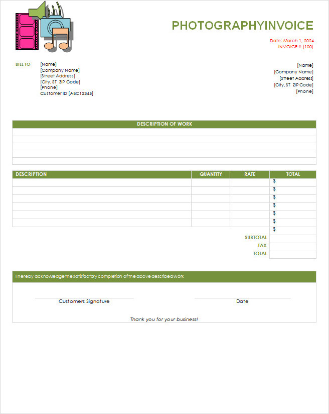 Printable Photography Invoice Template Word