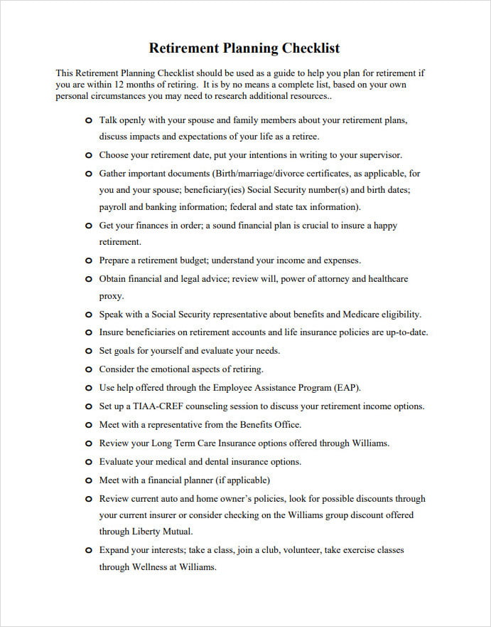 Printable Professional Retirement Planning Checklist Template