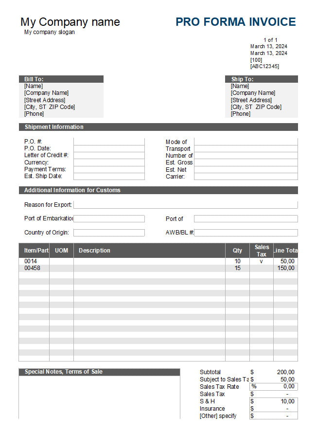 Printable Proforma Invoice Template