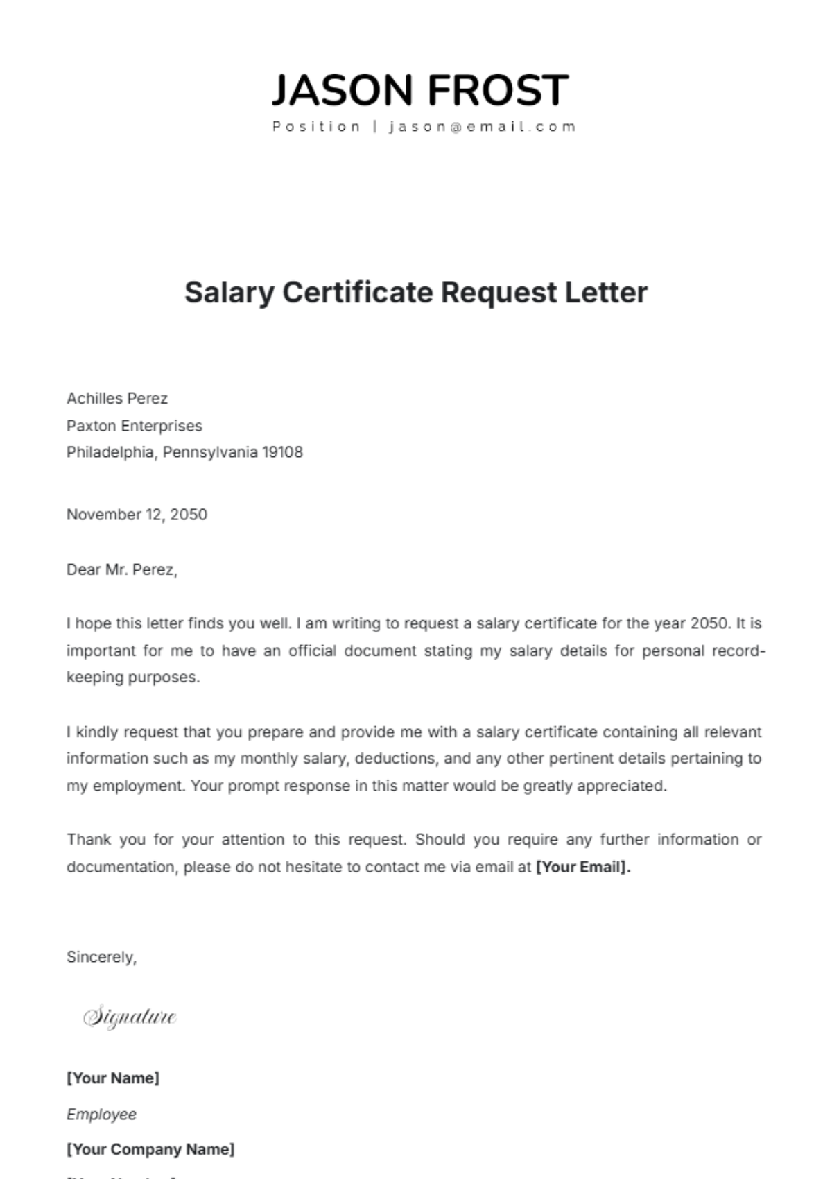 Printable Salary Request Letter Template Sample