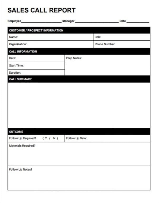 Printable Sales Call Report Template