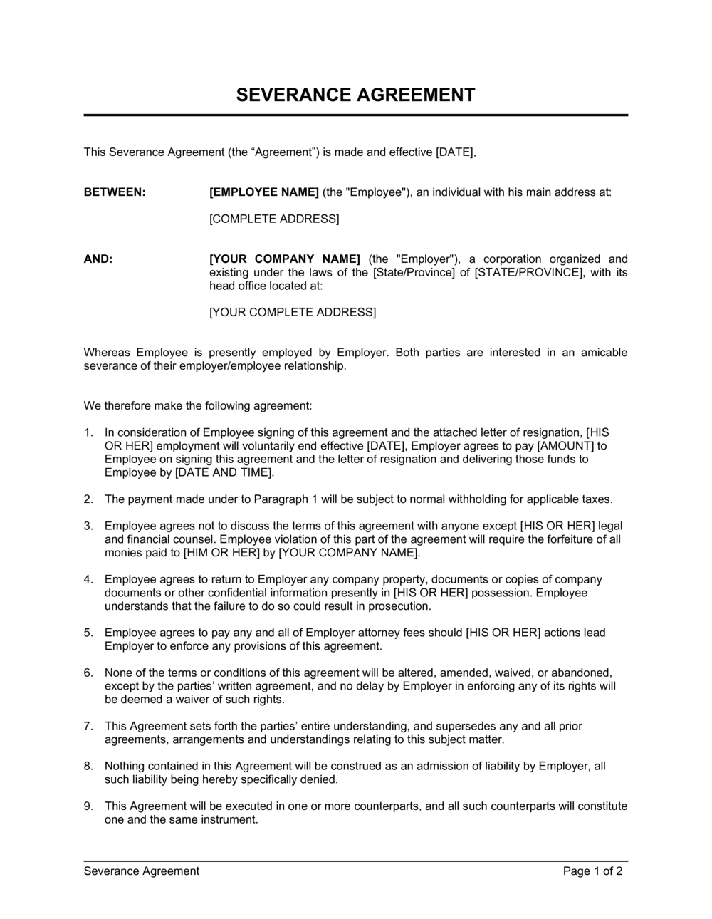 Printable Severance Agreement Template Example