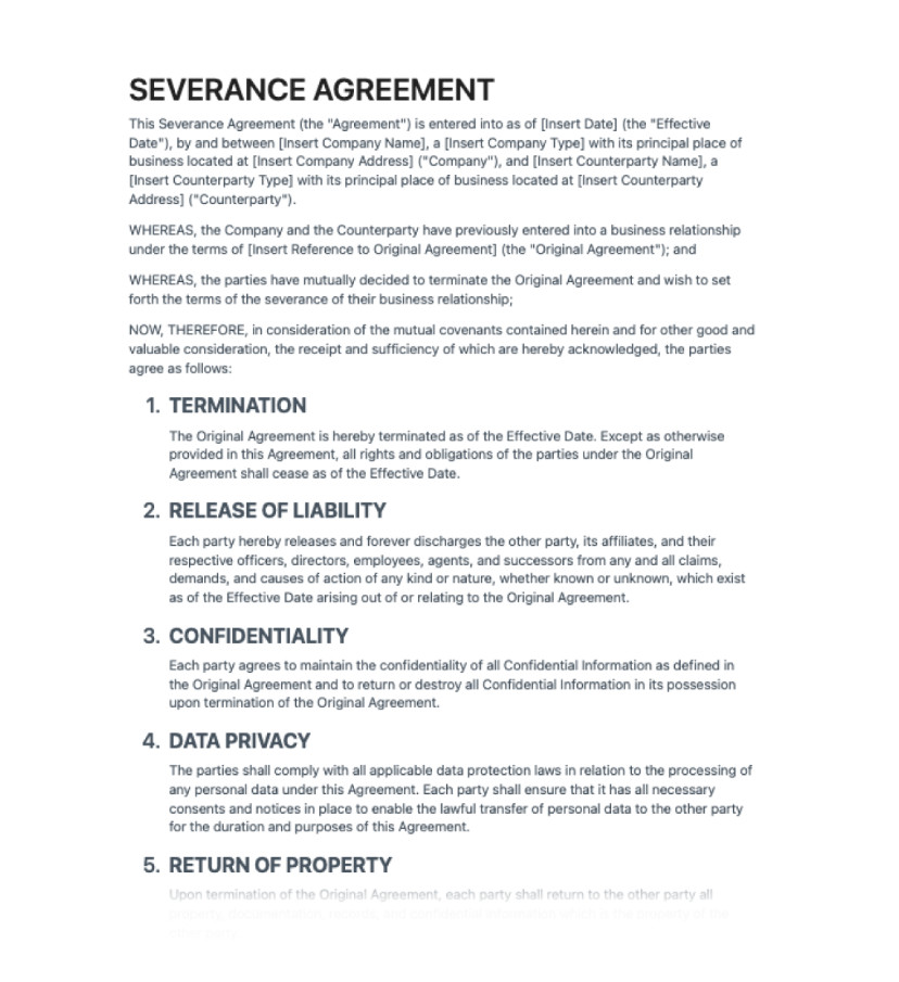 Printable Severance Agreement Template Sample