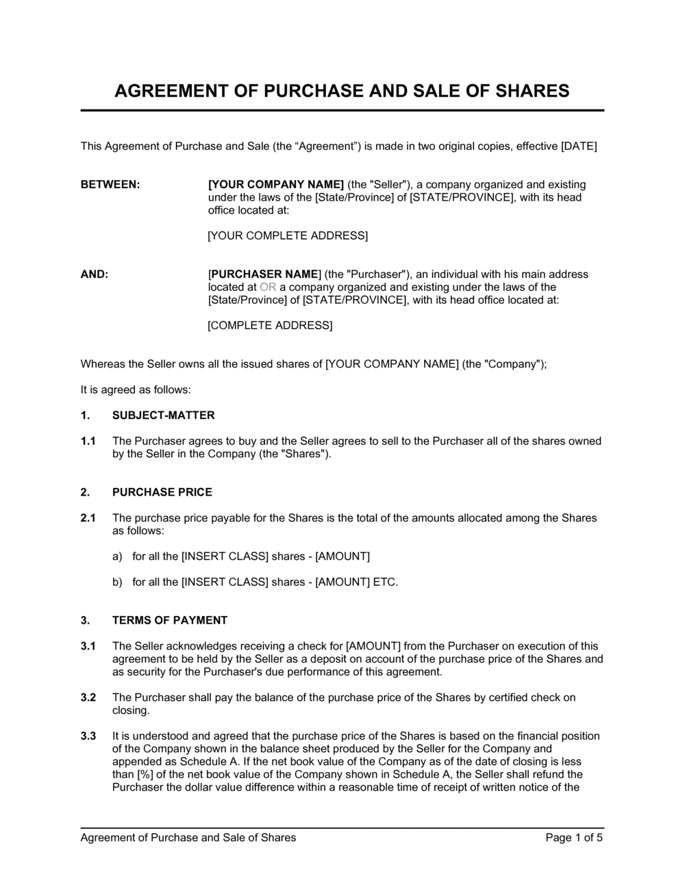 Printable Share Purchase Agreement Template Sample