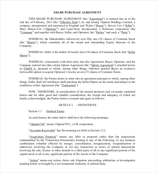 Printable Share Purchase Agreement Template