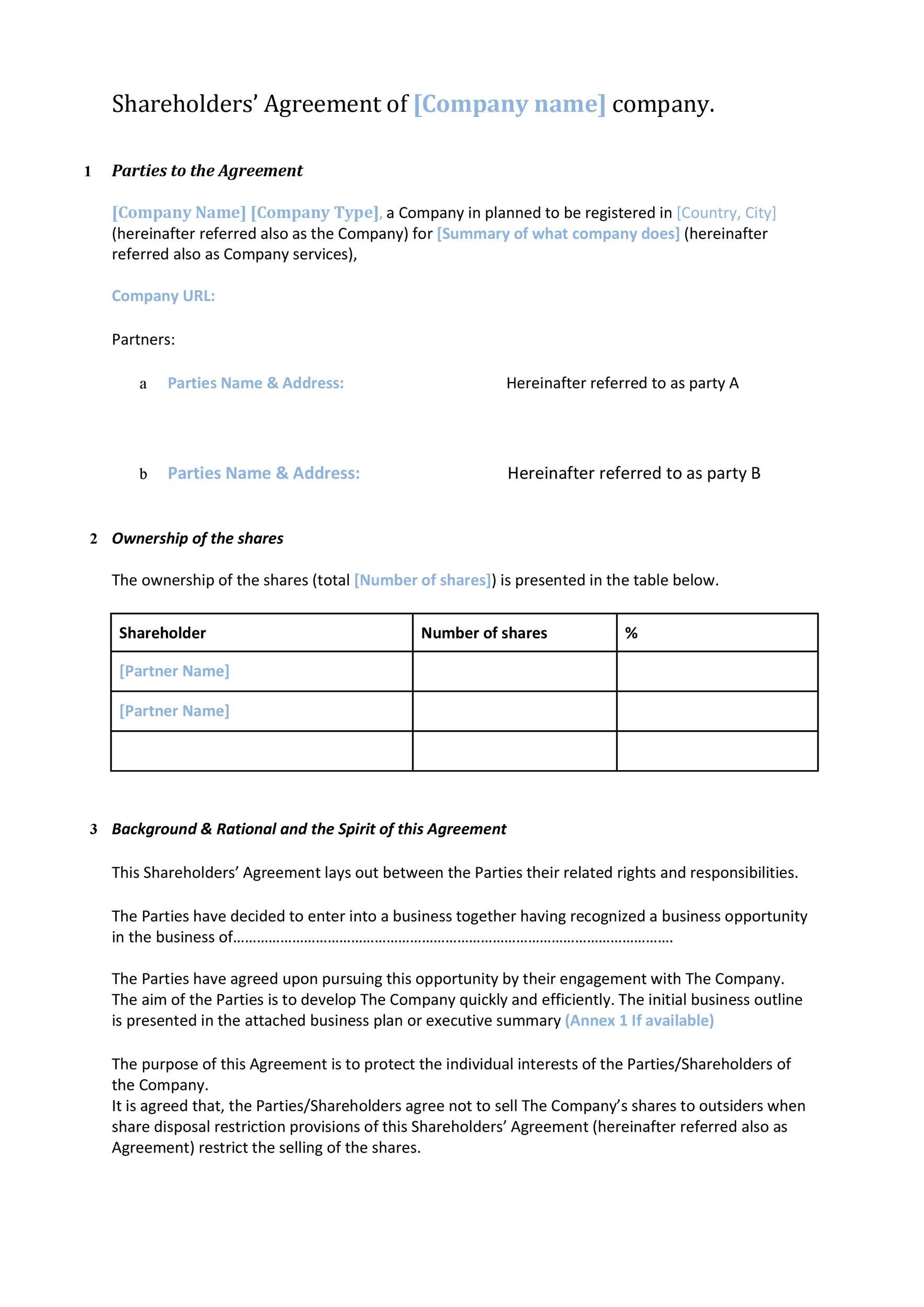 Printable Shareholders Agreement Template Example