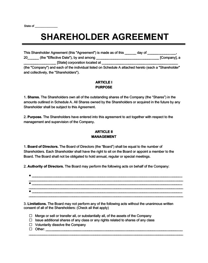 Printable Shareholders Agreement Template Sample