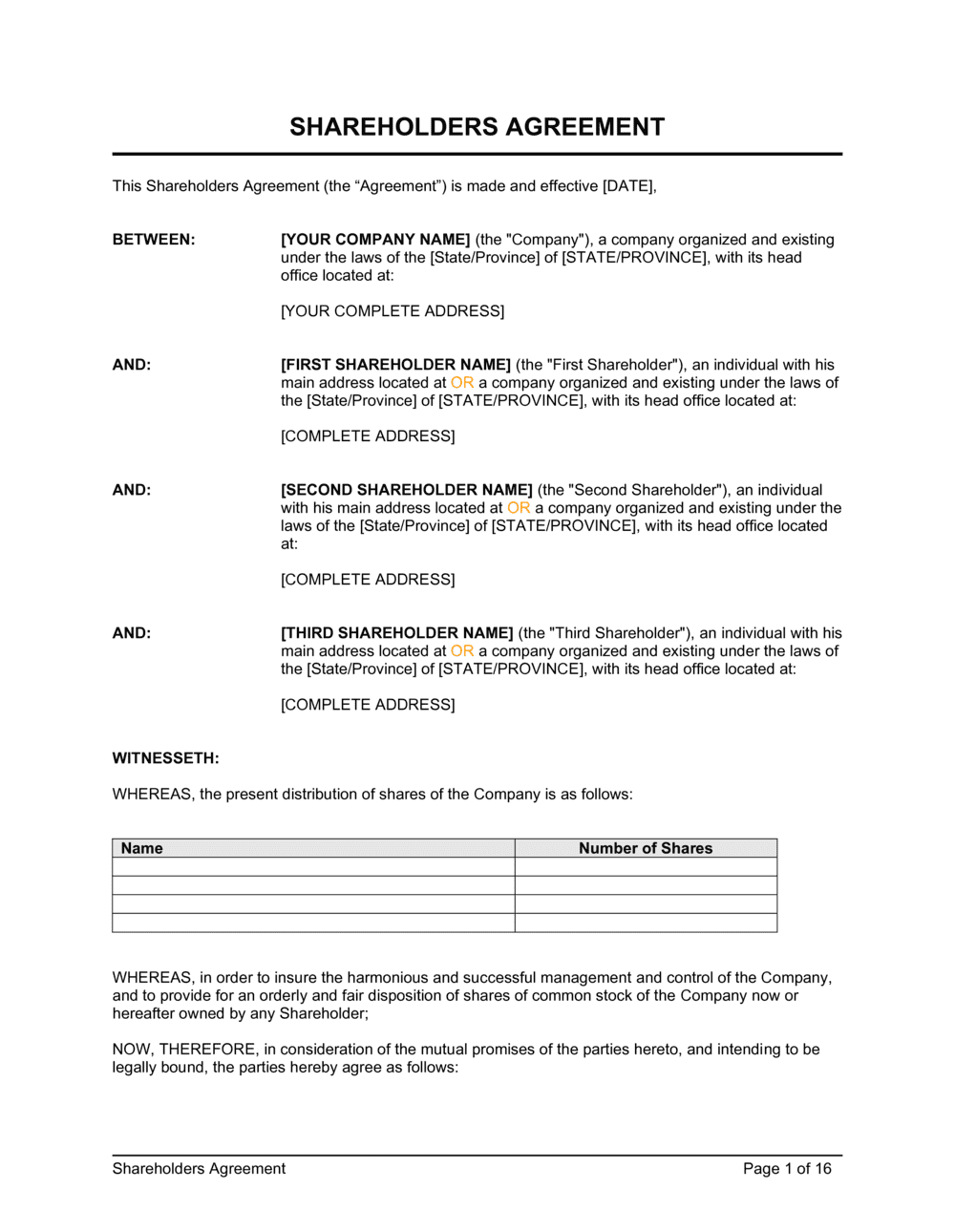 Printable Shareholders Agreement Template