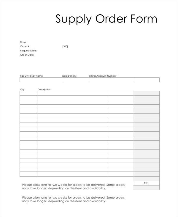 Printable Supply Order Sheet Template