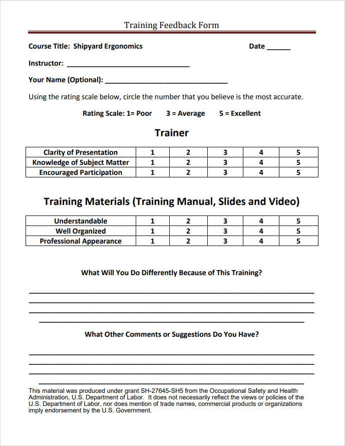 Printable Training Feedback Form