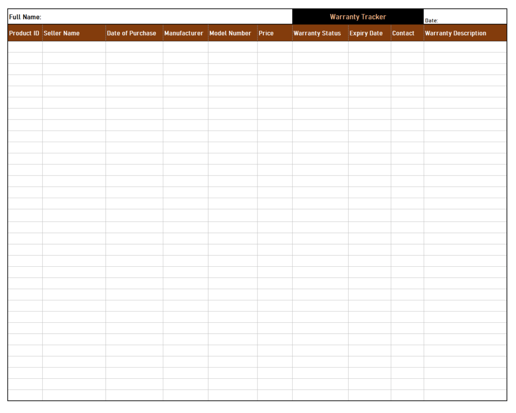 Printable Warranty Tracker Template Sample