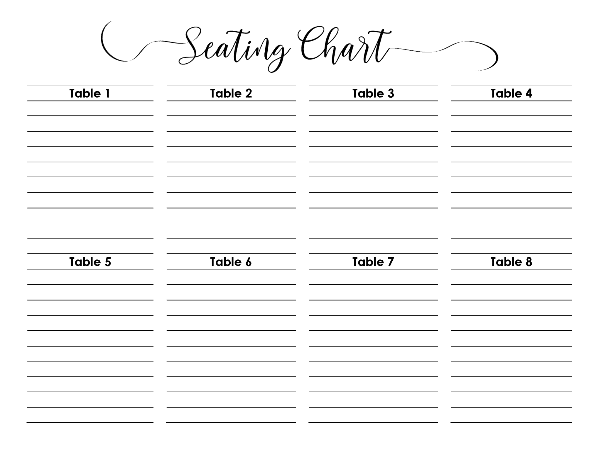 Printable Wedding Seating List Template Example