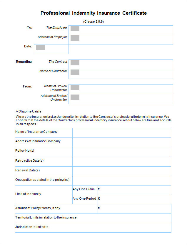 Professional Indemnity Insurance Certificate Template