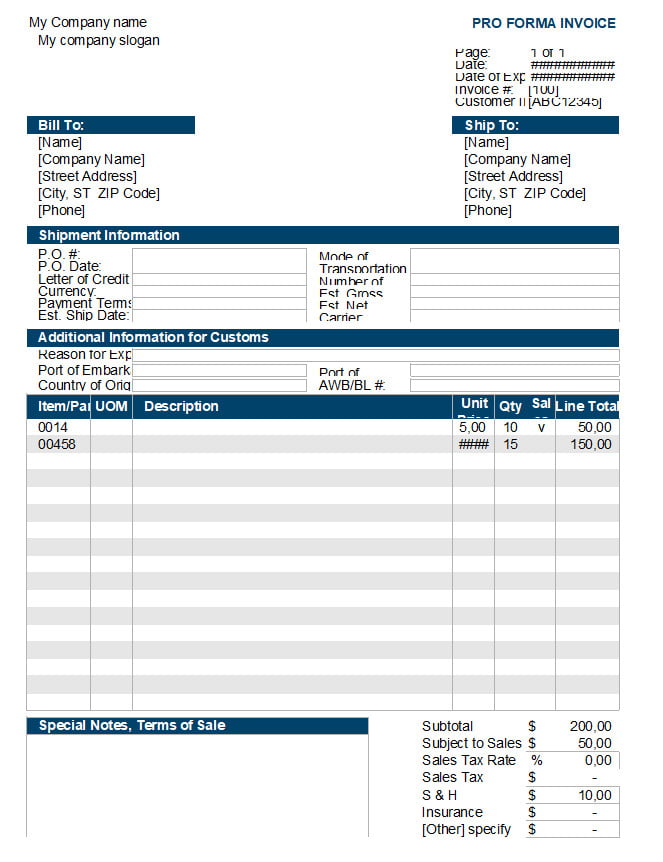 Proforma Invoice Template Excel