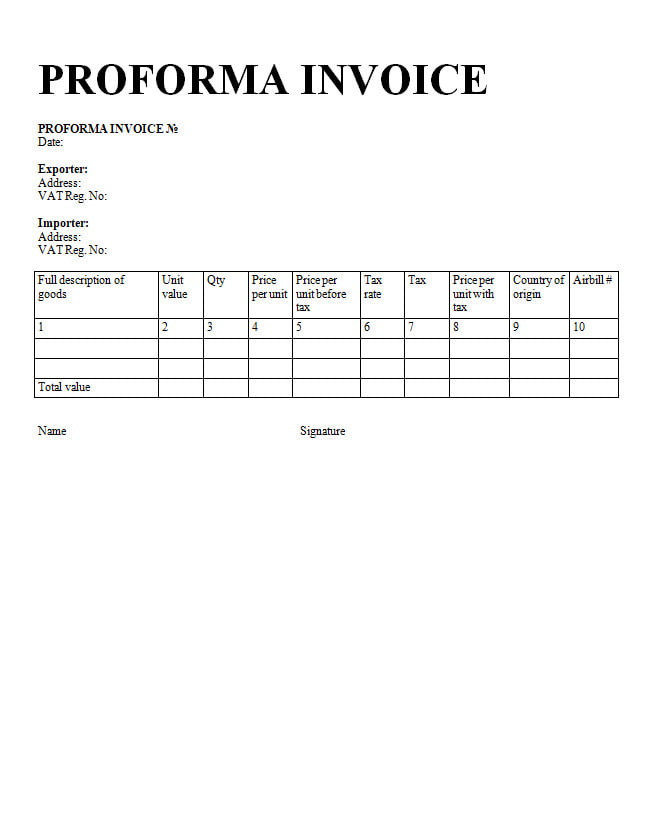 Proforma Invoice Template Word