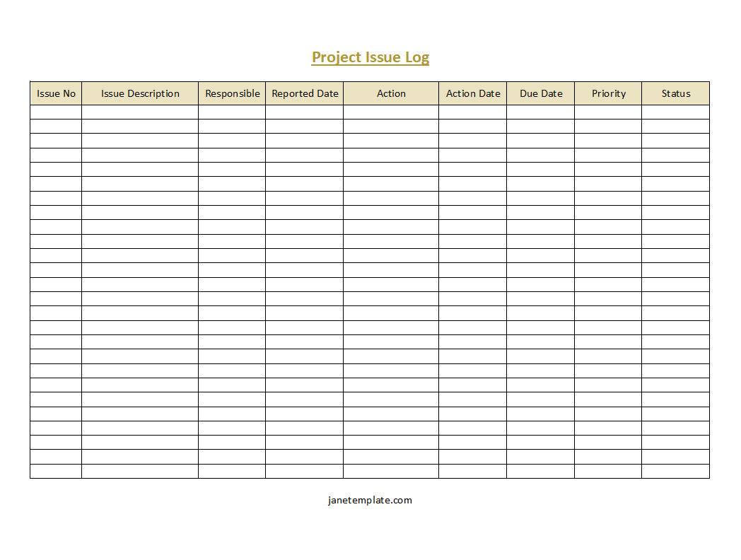 Organized project issue log template displaying a list of issues with fields for reporting dates, responsible parties, severity ratings, and current progress.