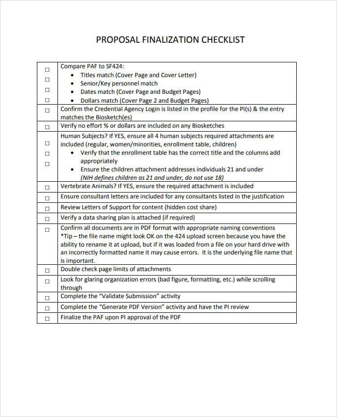 Proposal Finalization Checklist Template