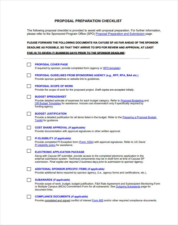 Proposal Preparation Checklist Template