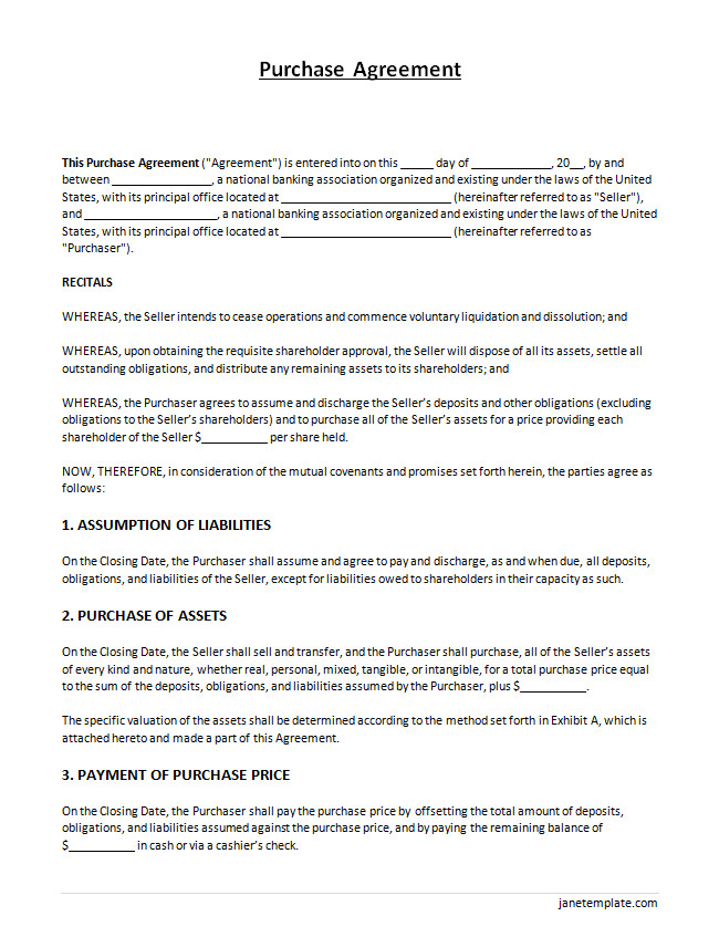 Purchase agreement template with sections for buyer and seller details, item description, and payment terms.