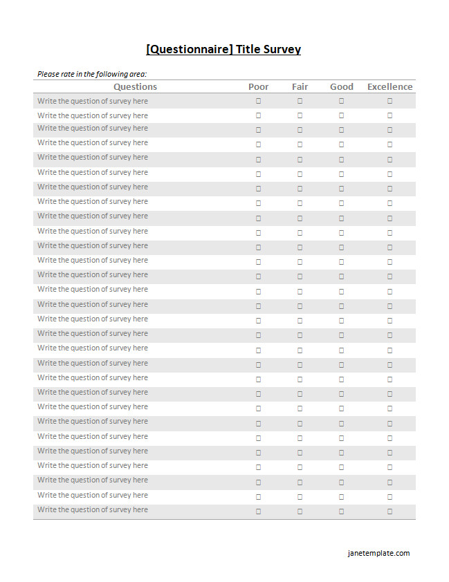 Comprehensive questionnaire template with sections for multiple-choice, short answer, and rating scale questions.