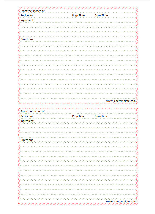 Printable blank recipe card template featuring ingredients list and cooking instructions.