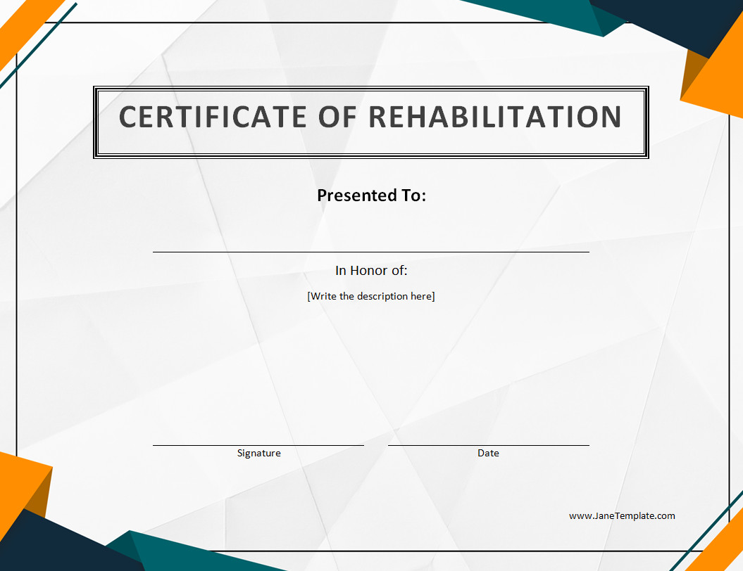 Printable rehab completion certificate template featuring sections for recipient